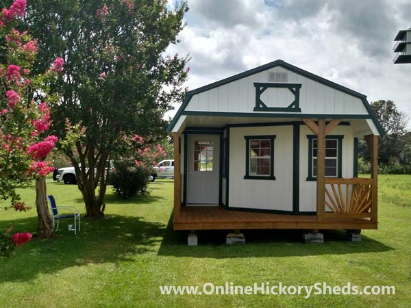 Hickory Sheds Lofted Deluxe Porch Painted Barn White with Green Trim